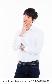 Thinking Young Asian Man Isolated On White Background. 