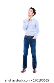 Thinking Young Asian Man Isolated On White Background. 