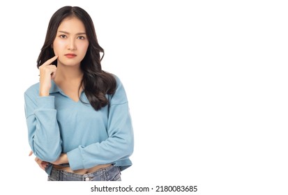 Thinking Young Asian Woman Standing Over Isolated On White Background Beauty Girl Looking At Camera With Curious Face Touch Her Cheek, Thinking Decide And Solve Her Dilemma Or Problem