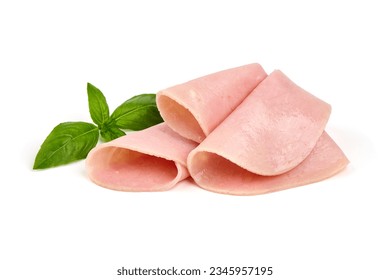 Thinly Sliced Ham, boiled sausage, isolated on white background