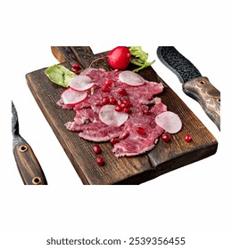 Thinly sliced raw meat is elegantly arranged on a rustic wooden cutting board, accompanied by fresh radishes and pomegranate seeds, creating a visually appealing culinary Isolated on white background - Powered by Shutterstock