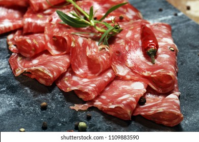 thinly sliced salami . delicious snack rustic salami.