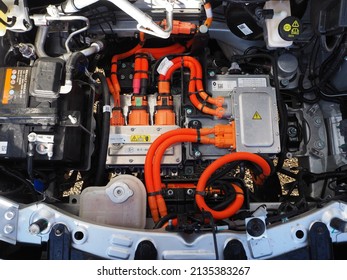 Thionville, Mosselle, France - 30th January 2022: Dacia Spring, Electric Car, Showing Inside The Bonnet; Electric Battery; View From Above