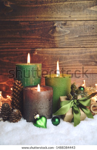 Third Advent Green Christmas Candles Snow Stock Photo Edit Now 1488384443