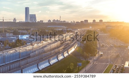 The Third Ring Road at sunset timelapse aerial view from rooftop. The Third Ring is Moscow's newest beltway, located between the Garden Ring in the city center and Moscow Ring Road. Moscow, Russia.