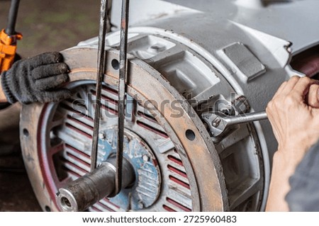 Third set consisting of a collection of images showing the compressor motor overhaul process before and after service. Industrial electric motor, 300 horsepower, 2-pole, 2800 RPM, 380V.