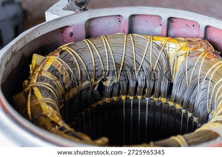 Third set consisting of a collection of images showing the compressor motor overhaul process before and after service. Industrial electric motor, 300 horsepower, 2-pole, 2800 RPM, 380V.