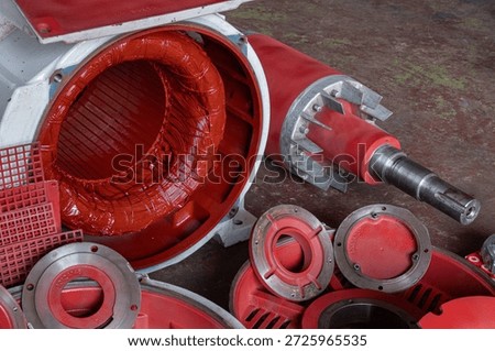 Third set consisting of a collection of images showing the compressor motor overhaul process before and after service. Industrial electric motor, 300 horsepower, 2-pole, 2800 RPM, 380V.