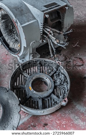 Third set consisting of a collection of images showing the compressor motor overhaul process before and after service. Industrial electric motor, 300 horsepower, 2-pole, 2800 RPM, 380V.