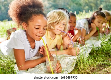 Thirsty Multicultural Kids Drink Water With Straw On Meadow