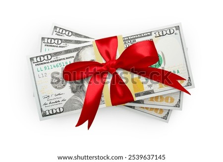 Thirty Thousand Dollars Stack of One Hundred Dollar Bills Wrapped in a Red Bow Isolated on a White Background.