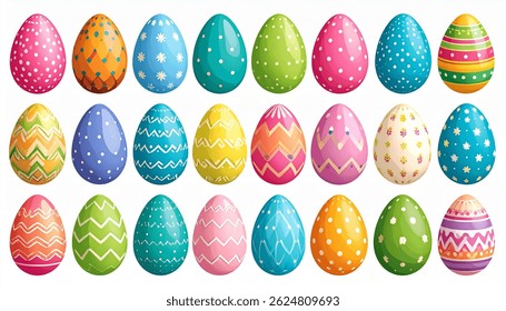 Thirty vibrant, decorated Easter eggs showcase diverse patterns polka dots, zigzags, florals, and stripes. A joyful collection of spring holiday symbols.