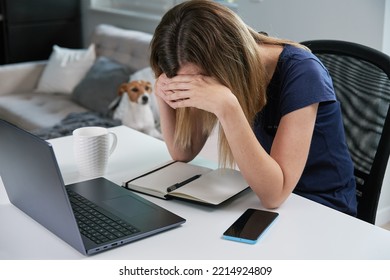 Thirty Years Old Tired Woman Working Late Remotely At Home Office, Using Computer, Remote Work Burnout