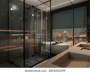 This 3d rendered bathroom features a glass shower, freestanding tub, and a large window showcasing a rainy cityscape at night with warm accent lighting.