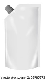 This is a 3D rendering of a blank white spout pouch with a gray cap, ideal for showcasing liquid products. The image is perfect for designers and marketers looking for a customizable template. Use th