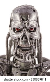 This Is A 7 Inches Tall Action Figure By Neca Toys. This Plastic Model Represents The T-800 Endoskeleton From The Terminator 2 Movie (1991). / Terminator Head / KomÃ?Â¡rom, Hungary - 29th June 2014 