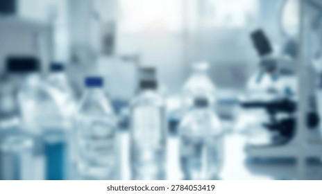 This abstract blurred background features a modern science laboratory setting, showcasing various out-of-focus chemical bottles, beakers, and a microscope, emphasizing a clean and sterile research