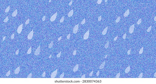 This abstract digital composition features a vibrant blue textured background filled with a scattered pattern of soft white raindrop shapes. The grainy, pointillist-style surface creates a sense of movement and depth, evoking a stylized representation of rainfall in a whimsical, modern graphic design style suitable for artistic digital backgrounds.