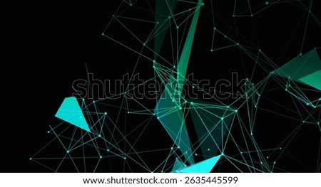 This abstract image displays a network of teal polygons connected by lines and dots on a black background, suggesting a futuristic, tech-related concept.