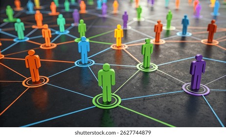This abstract image visually represents a connected network of individuals. Colorful human figures stand on nodes, linked by intersecting lines of various colors, suggesting relationships, communicati