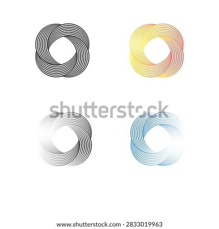 This abstract vector illustration features a set of four modern geometric circular logos constructed with interwoven linear stripes. Displayed in solid black, vibrant yellow-orange gradient, monochrome grey fade, and cyan-blue gradient, these twisted torus knot shapes create a dynamic sense of motion, unity, continuous infinity, and structural harmony. They are ideal for corporate branding, technology logos, modern icon sets, creative agency badges, and geometric background elements.

#GeometricLogo #VectorLogo #AbstractSymbol #InfinityLoop #BrandIdentity #CorporateBranding #LinearArt #MinimalistLogo #GraphicDesign #TechLogo #ModernIcon #TorusKnot