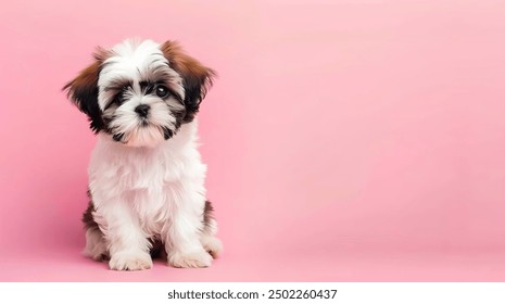 This is an adorable image of a Shih Tzu puppy sitting on a pink background. The puppy has fluffy, white, and brown fur with dark, expressive eyes. Its small stature and cute appearance are highlighted - Powered by Shutterstock