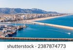 This is an aerial drone shot of the port of Gandia. A town in the province of Valencia, Spain. 