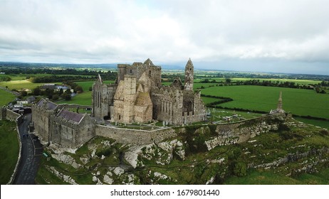 This aerial shot shows the rock of cashel, a historic site located in ireland.