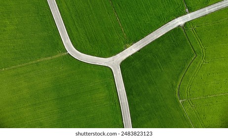 This aerial view captures the intricate geometry of a country road intersecting vibrant green fields, creating a striking contrast between nature and infrastructure. - Powered by Shutterstock