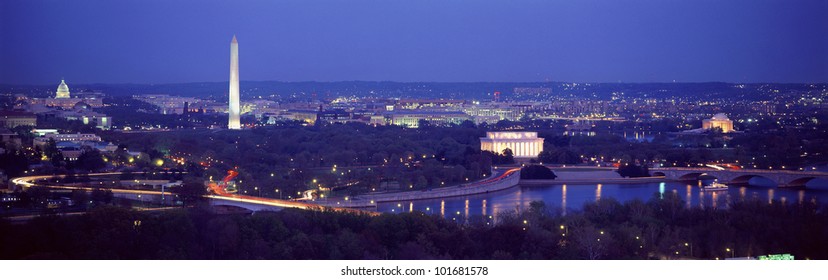 This is an aerial view of Washington, DC with the Jefferson Memorial, U.S. Capitol, Washington Monument, and Lincoln Memorial. - Shutterstock ID 101681578