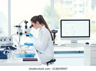 This is all in a days work. Cropped shot of a focused young female scientist looking through a microscope while doing tests inside of a laboratory.