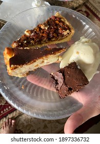 This Is An Art Of Eating. 3 Types Of Cakes Topped With An Ice Cream. Marvellous, Delicious And Please Enjoy It. Pecan Pie, Brownies  And Burnt Cheese Cake.