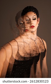 This artwork features a beautiful drag queen with a hairy chest, adorned in a black outfit. Optical reflections create a mesmerizing effect, emphasizing the vibrant queer culture.