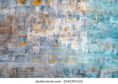 This artwork features a blend of soft blue, cream, and subtle golden hues, creating a textured and abstract composition that captivates with its soothing color palette.