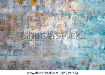 This artwork features a blend of soft blue, cream, and subtle golden hues, creating a textured and abstract composition that captivates with its soothing color palette.