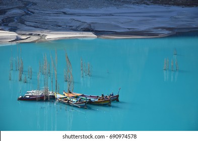 This is beautiful Attabad Lake in hunza northern of Pakistan with boats 