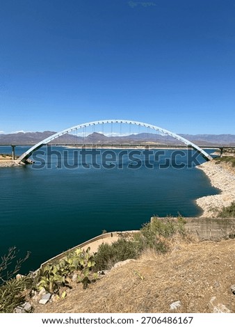 This beautiful blue structure, spans the gap across Theodore Roosevelt Lake.