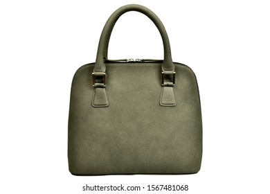 This The Beautiful Leather Ladies Handbag Made Up Of Nubuck Leather Italian Soft Leather Standing On A White Background. The Color Of The Bag Is Olive Color.