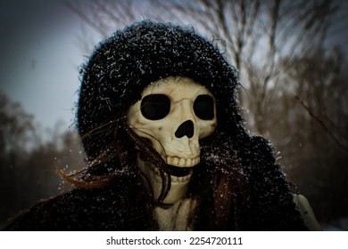 This is a beautiful upclose portrait of a female skeleton standing outside with the snow falling on her.