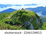 This is a beautiful view of Hallyeo Maritime National Park from the Tongyeong Cable Car Observatory, a famous tourist attraction in Tongyeong, Gyeongsangnam-do, South Korea.
