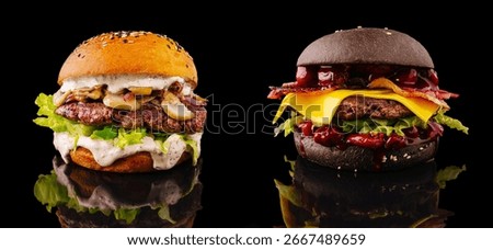 This black burger features layers of crispy bacon, melted cheese, fresh lettuce, and vibrant sauces. It is presented on a reflective surface with a dark backdrop, highlighting its unusual design.