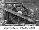 This is a Black and White photo of a waterwheel in La Crosse Wiscosin.