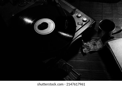 this is a blackandwhite photo of a record player with a vintage aspect