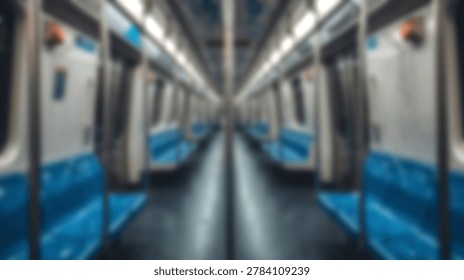 This blurred, symmetrical interior view of an empty modern subway train car features blue seats, white walls, and bright overhead lights, conveying urban travel and motion.