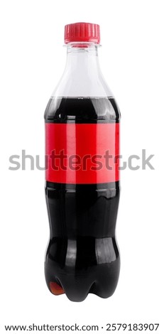 This bottle features a dark fizzy beverage encased in clear plastic with a vibrant red label at the center. Its sleek form emphasizes the simplicity and clarity of the product.