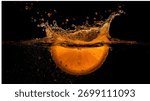 This captivating image captures the dynamic moment an orange slice plunges into water, surrounded by a burst of sparkling droplets and golden ripples. The vibrant orange color of the fruit contrasts b