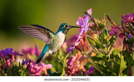 This captivating image captures a hummingbird in mid-flight, its iridescent feathers gleaming in the sunlight as it feeds on nectar from a beautiful pink flower.