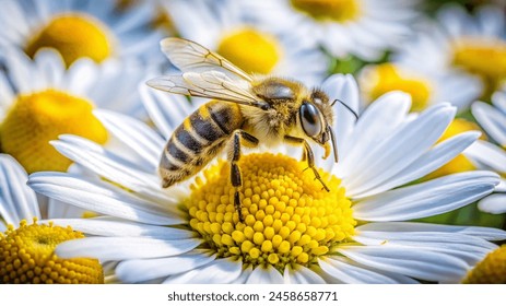 In this captivating image, a honeybee delicately indulges in nature's sweet bounty, drawing nectar from the heart of a vibrant flower. With remarkable precision, the bee navigates the intricate petals - Powered by Shutterstock