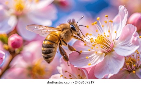 In this captivating image, a honeybee delicately indulges in nature's sweet bounty, drawing nectar from the heart of a vibrant flower. With remarkable precision,the bee navigates the intricate petals
 - Powered by Shutterstock