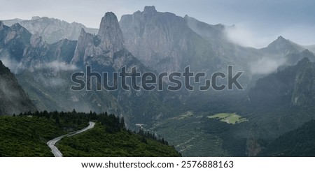 Similar – Image, Stock Photo An ethereal landscape showcasing a blur of golden wildflowers against a backdrop of serene trees under a soft, hazy sunrise